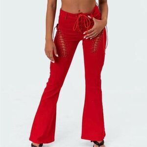 EDIKTED Engine Lace Up Cutout Flared Jeans Cherry Red Western Small